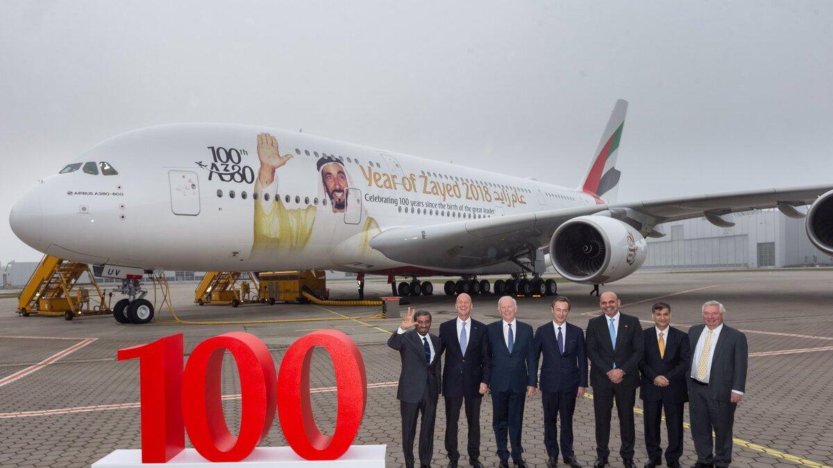 On Friday, Emirates took delivery of its 100th A380 aircraft, a milestone for the leading carrier. The superjumbo bears the image of Sheikh Zayed bin Sultan Al Nahyan.