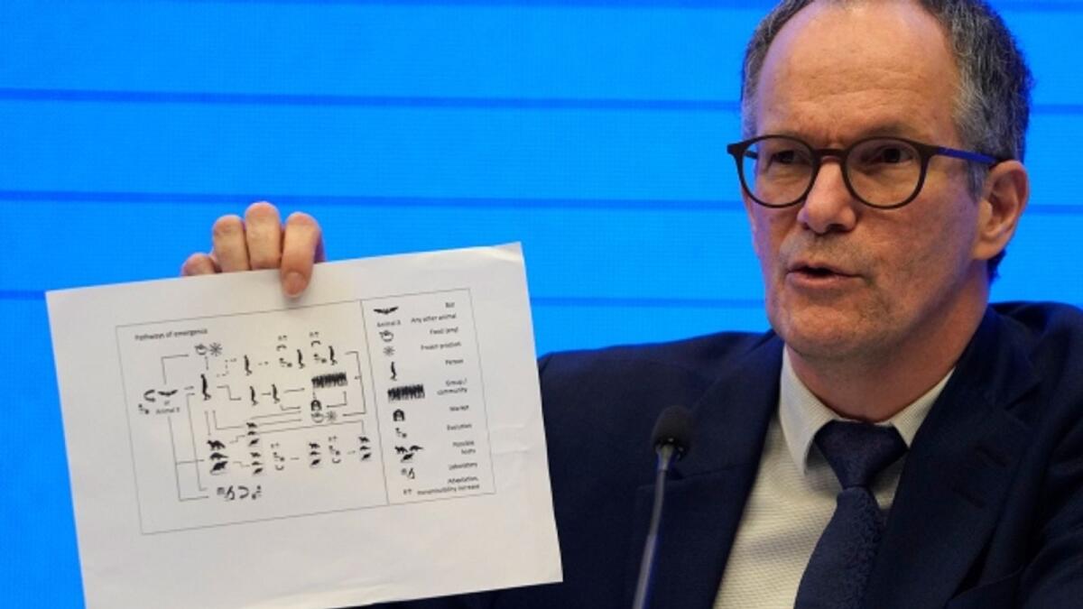 Peter Ben Embarek of the World Health Organization team holds up a chart showing pathways of transmission of the virus during a joint press conference. Photo: AP