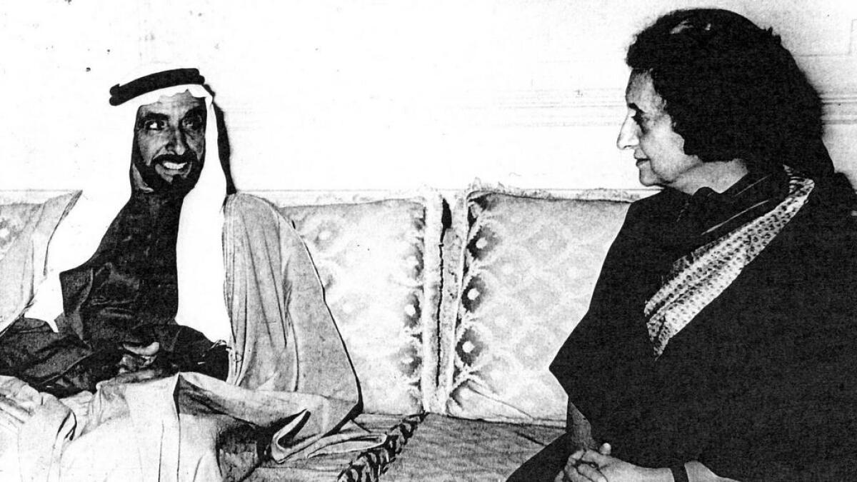 The late Shaikh Zayed bin Sultan Al Nahyan receives the then Indian prime minister, the late Indira Gandhi, during her visit to the UAE in May 1981. - KT archives