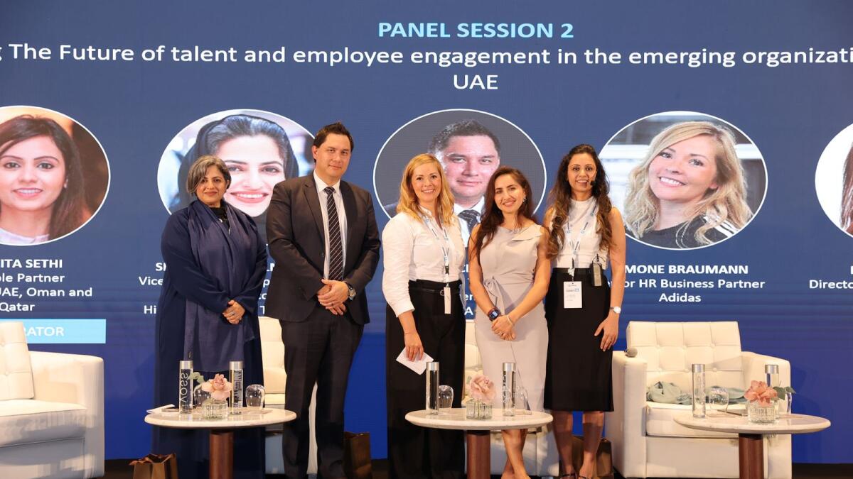 From left to right: Speakers Shaikha Hind Al Mualla (Higher Colleges of Technology), Kamball Schafferius (EGA) Simone Braumann (Adidas) and Lena Al Suhaili (BIC) with the moderator, Ankita Sethi (Maersk) of the People panel