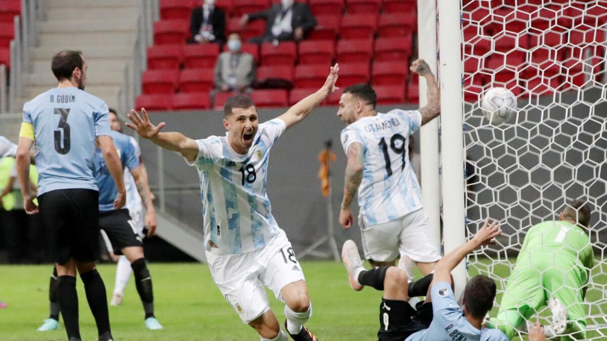 Argentina's Guido Rodriguez celebrates a goal against Uruguay during the Copa America match. — Reuters
