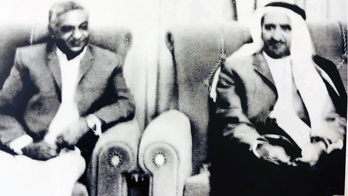 Uttamchand Tulsidas Bhatia (left) with Sheikh Rashid bin Saeed Al Maktoum at Zabeel Palace. (Supplied photos) 
