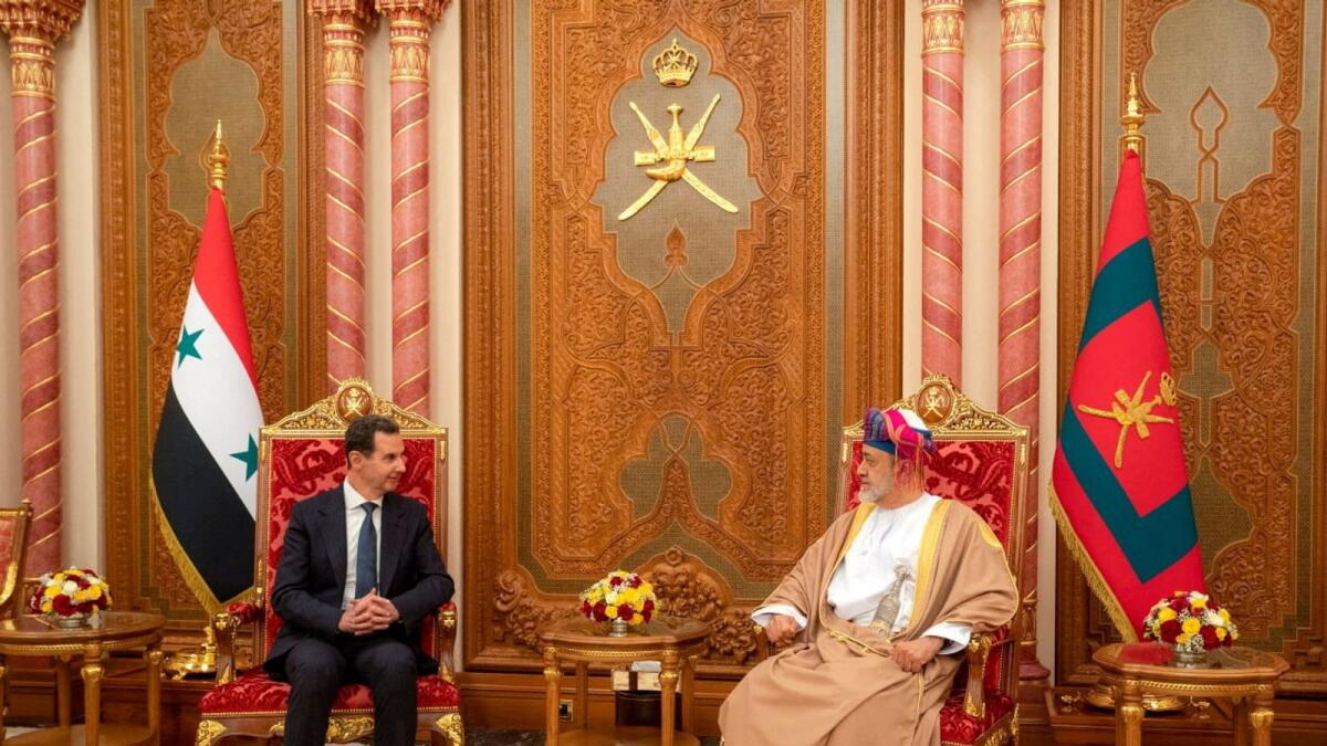 Syria's President Bashar Al Assad meets with His Majesty Sultan Haitham bin Tariq of Oman in Muscat on Monday. — Reuters