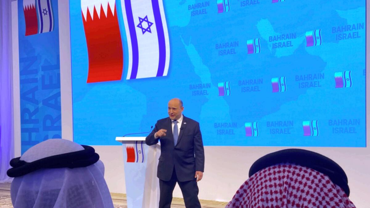 Israeli Prime Minister Naftali Bennett speaks to a group of Bahraini businesspeople during an official visit to Manama. — AP