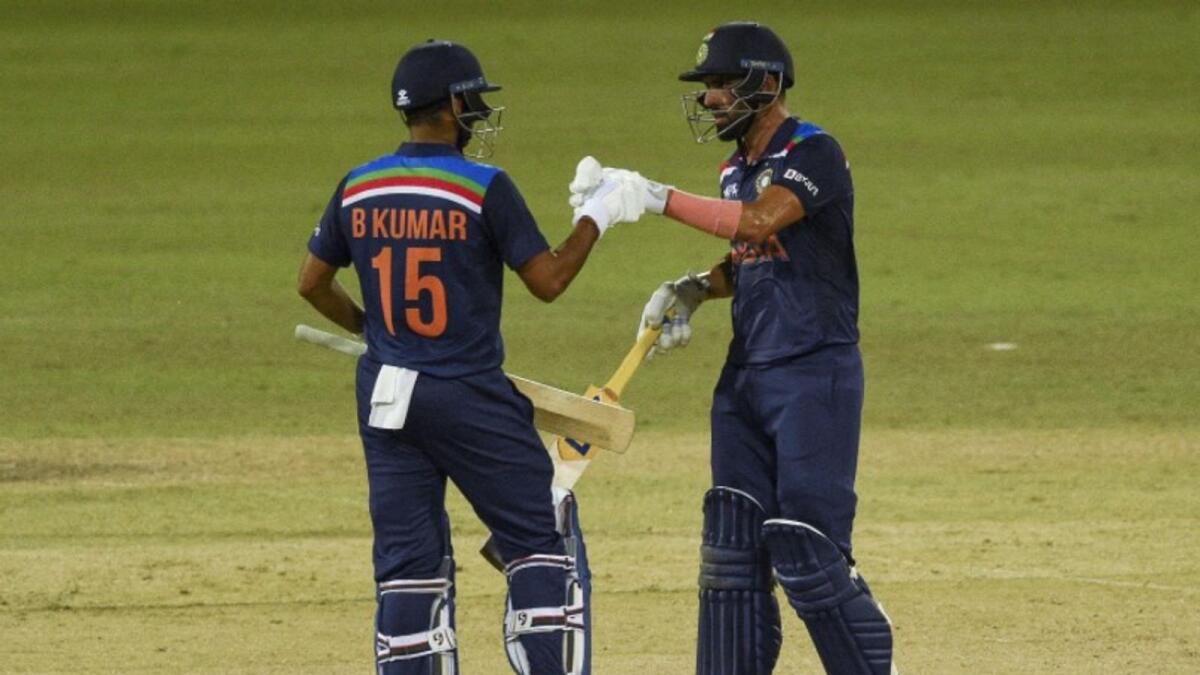 Deepak Chahar and Bhuvneshwar Kumar during their match-winning partnership. (ICC Twitter)