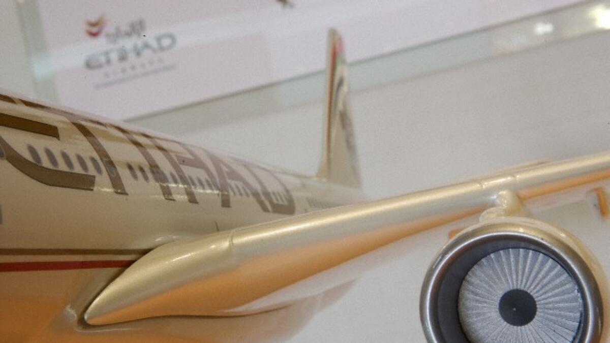 A model plane in the Etihad Airways first class lounge at Abu Dhabi Airport.