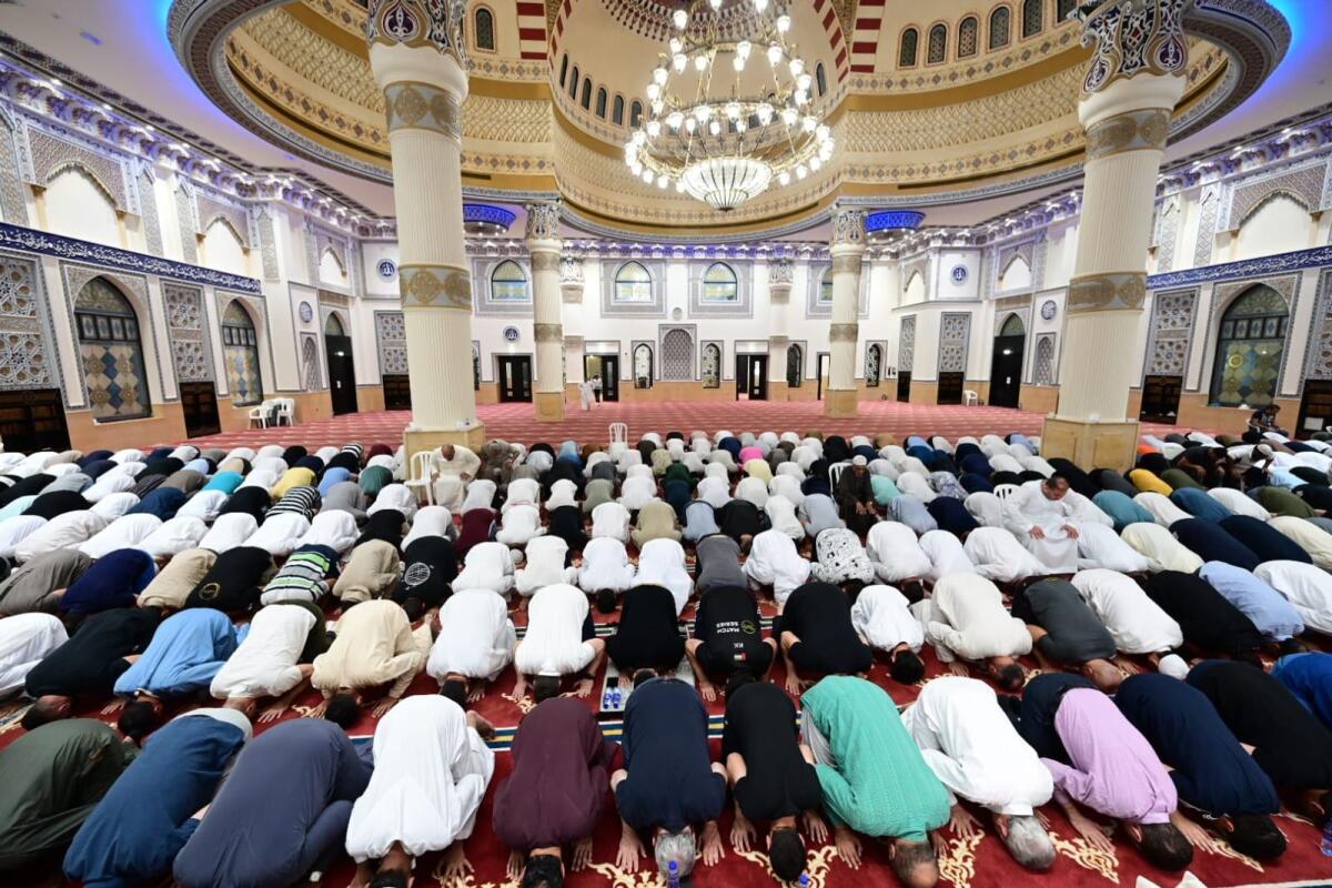 Faithful offer the special late-night prayers, Qiyam-ul-layl at Al Farooq Omar Bin Al Khattab Mosque in Dubai. Photo by Shihab