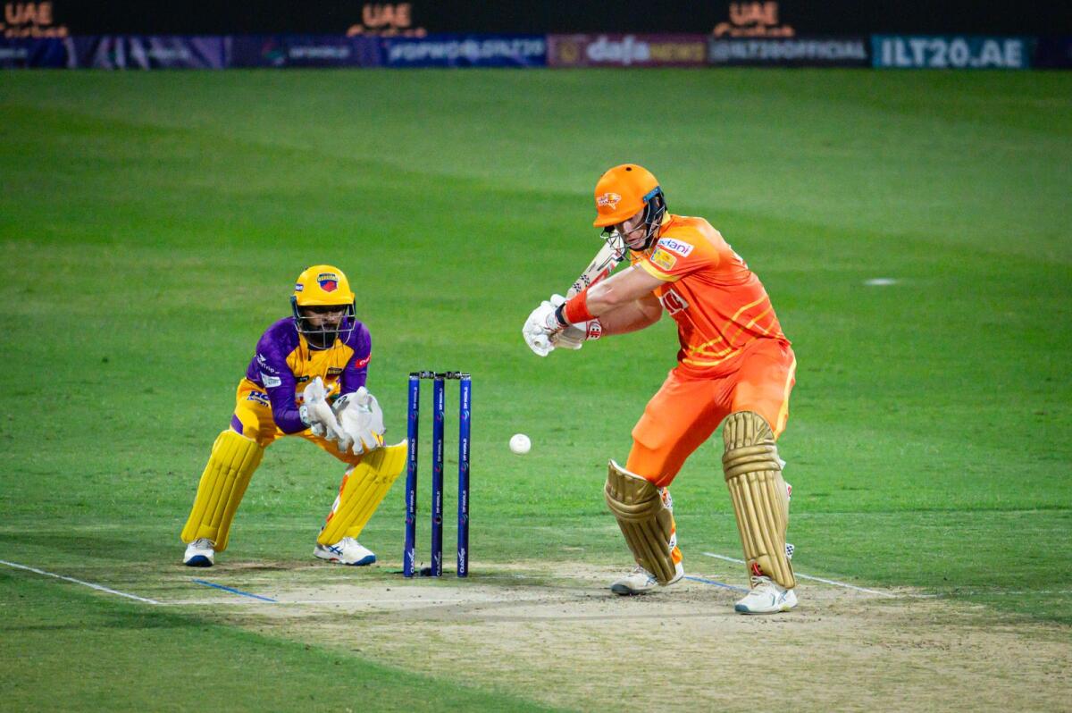 Gulf Giants' Jamie Smith plays a shot during the match against Sharjah Warriors. — Photos by Neeraj Murali.