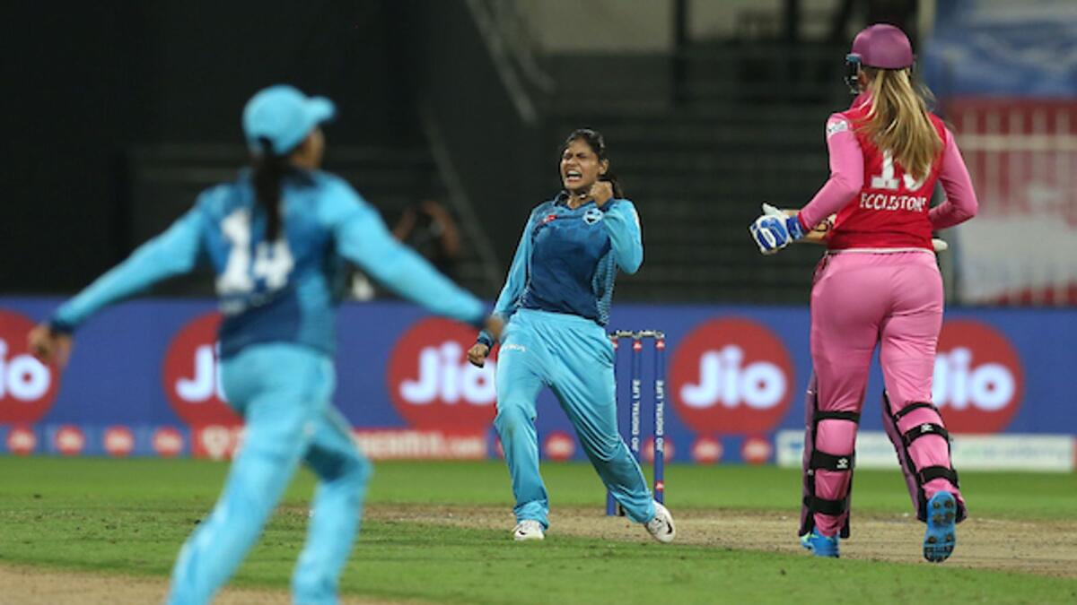Radha Yadav of Supernovas celebrates the win against the Trailblazers in Sharjah on Saturday night. — BCCI/IPL