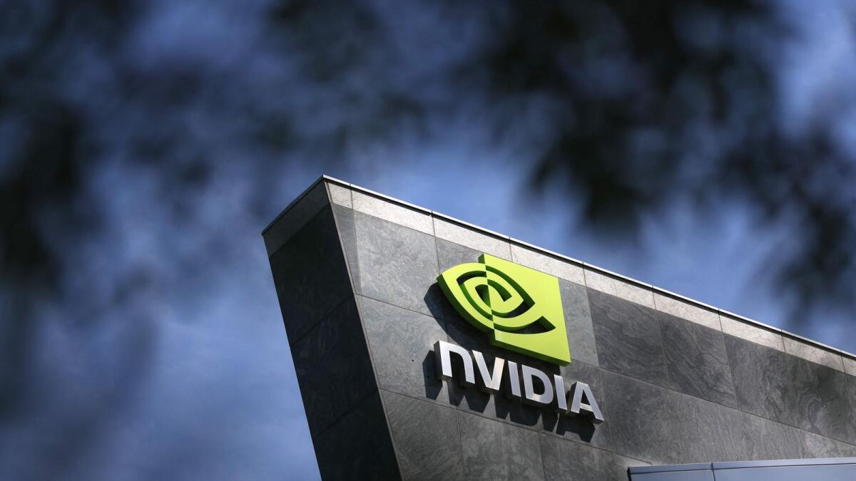 The Nvidia headquarters in Santa Clara, California.  The Dow fell early on Thursday on worries about US debt ceiling talks, but chip maker Nvidia surged more than 20 per cent, lifting its market value close to $1 trillion. — AFP