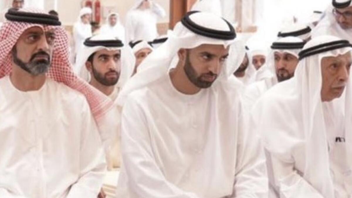 Sheikh Ammar bin Humaid Al Nuaimi, Crown Prince of Ajman and Sheikh Humaid. Sheikh Mohammed bin Saud Al Qasimi, Crown Prince of Ras Al Khaimah, at the funeral prayers. 