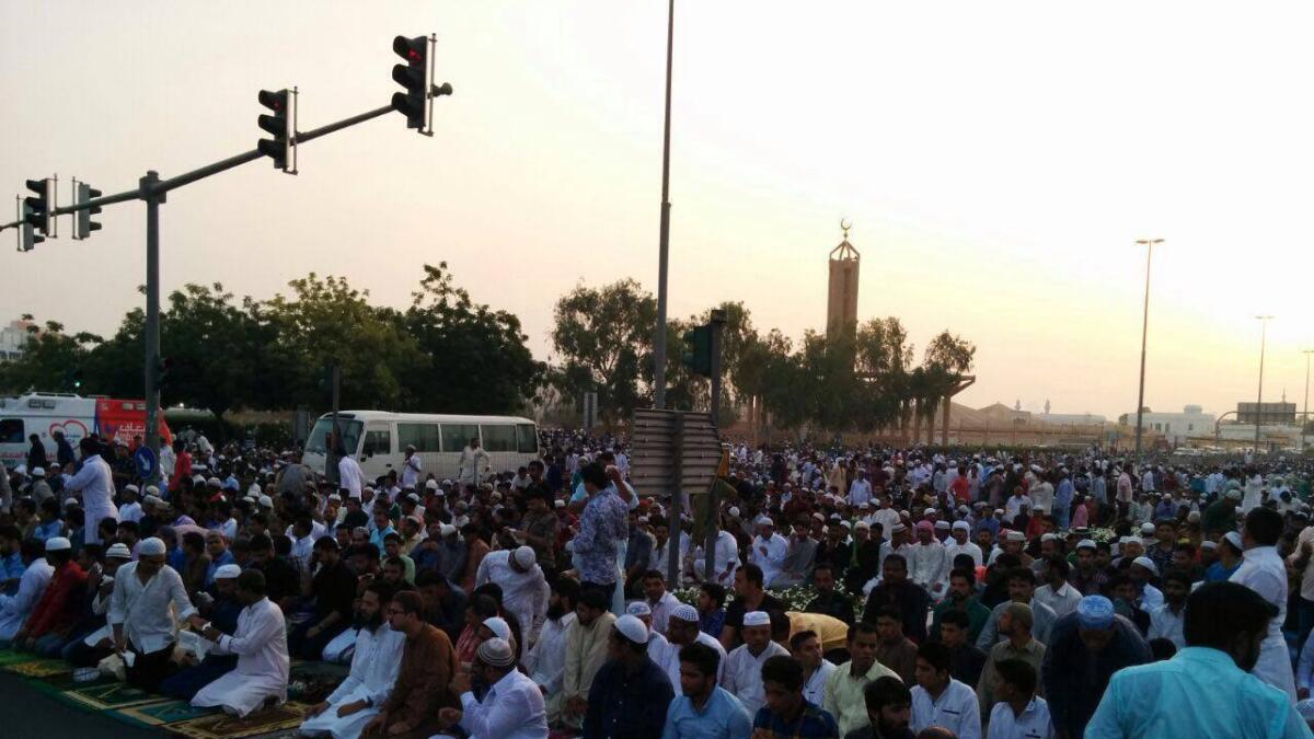 People gather to offer Eid prayers outside Musalah Mosque in Deira, Dubai. Photo by Neeraj Murali / Khaleej Times ?.