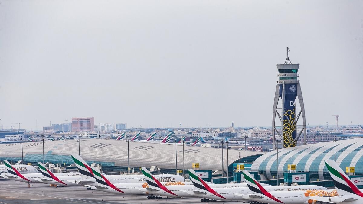 A fleet of Emirates is grounded at the Dubai International airport after the UAE government’s directive to suspend all passenger flights in and out of the UAE. SPecial flights to bring back stranded citizens and residents began operating from Monday, April 6 (Photo by Neeraj Murali/ Khaleej Times)
