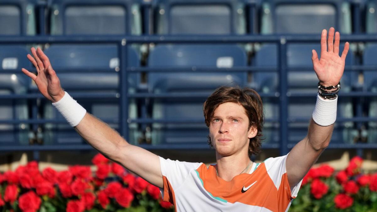 Russia's Andrey Rublev celebrates after beating USA's Mackenzie McDonald in the quarterfinal on Thursday. — AP
