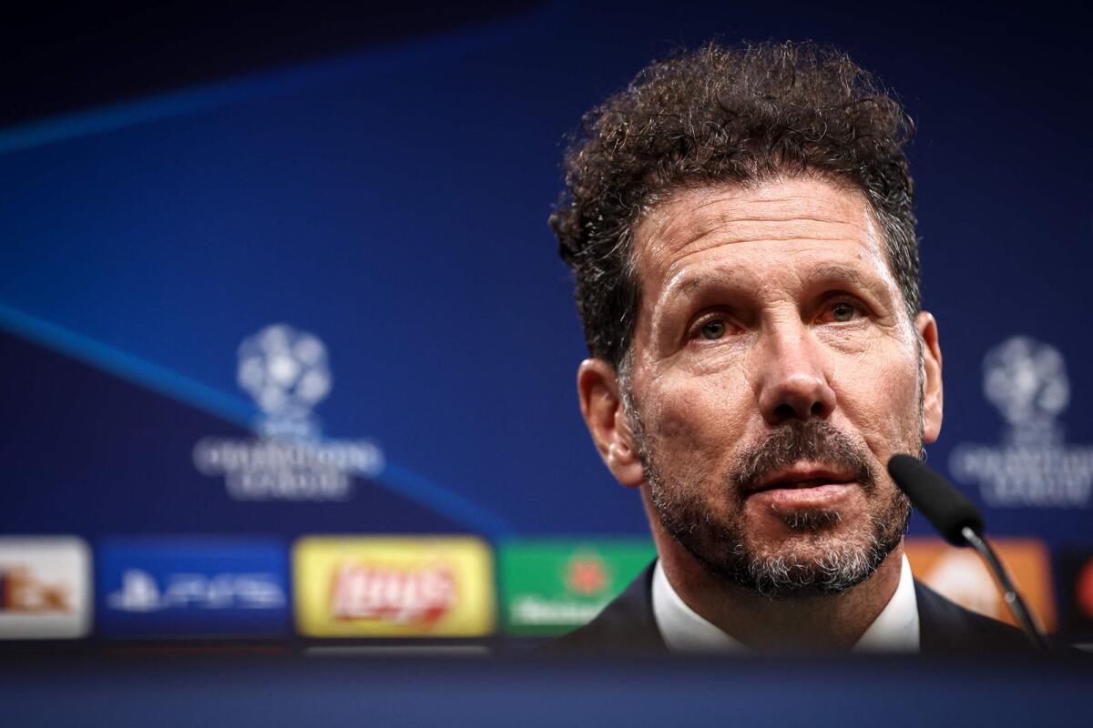 Atletico Madrid coach Diego Simeone at a press conference on Monday.  — AFP