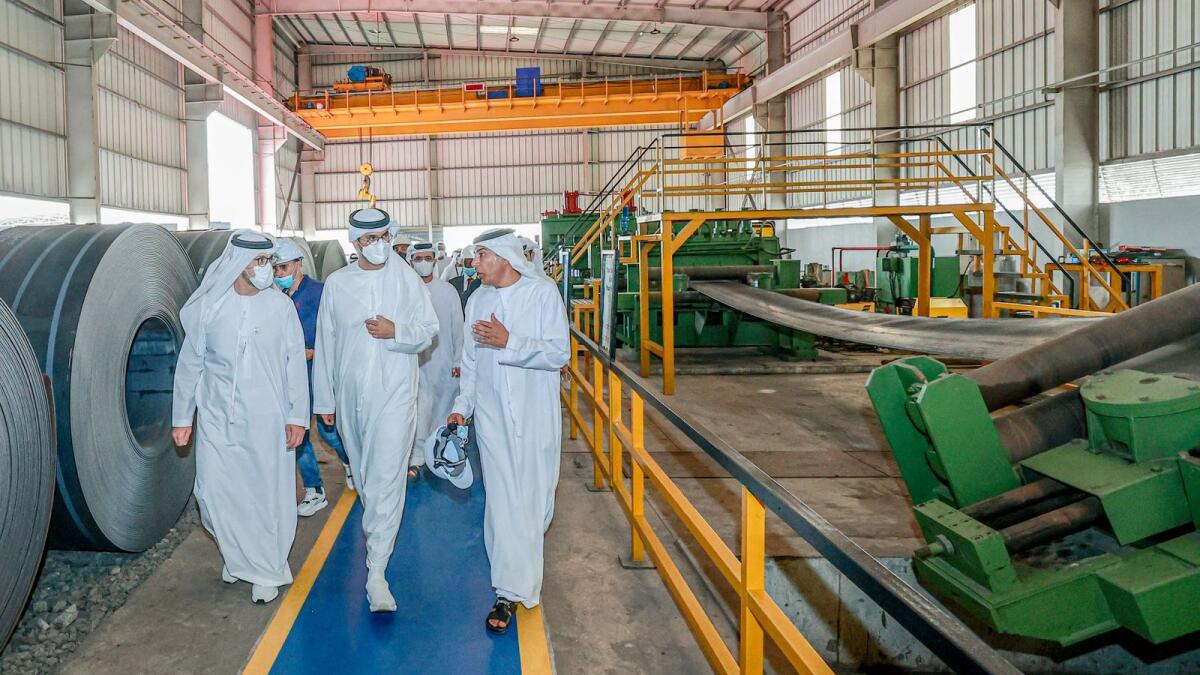 The UAE’s Minister of Industry and Advanced Technology Dr Sultan bin Ahmed Al Jaber and other top officials visiting the Industrial City of Abu Dhabi. — Supplied photos