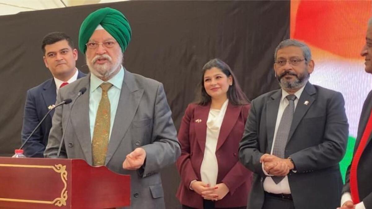 Indian Minister for Petroleum and Natural Gas and Housing and Urban Affairs Hardeep Singh Puri speaking at the opening ceremony of Trinity Lubes and Grease FC. — Supplied photo