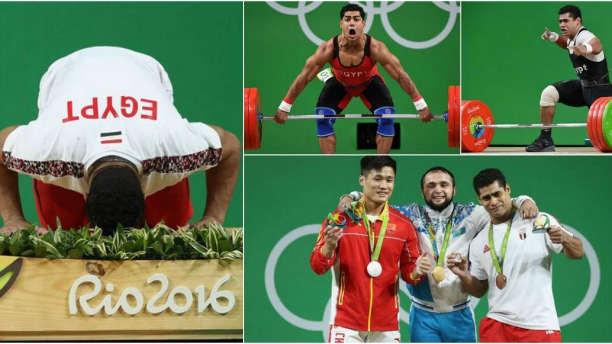 Egypt’s Mohamed Mahmoud,won the bronze medal in the men’s 77-kilogram (169-pound) weightlifting competition at the Rio 2016 Olympic Games in Rio de Janeiro on August 10, 2016.