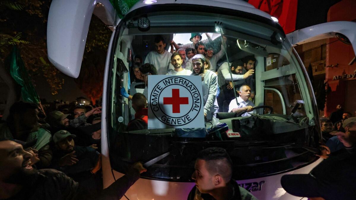 A bus transporting Red Cross staff and Palestinians prisoners released from Israeli jails in exchange for hostages released by Hamas from the Gaza Strip, drives through supporters holding flags in Ramallah in the occupied West Bank early on November 26, 2023. (Photo by AFP)