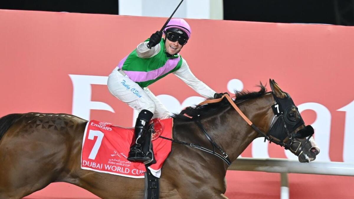 Record UAE Champion Jockey Tadhg O'Shea celebrates after Laurel River wins the $12 million Dubai World Cup at the Meydan Racecourse on Saturday night. KT Photo: Muhammad Sajjad
