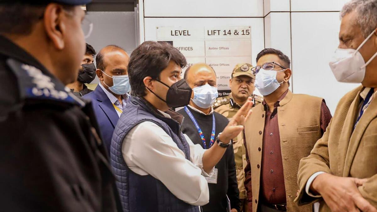 Union Civil Aviation Minister Jyotiraditya Scindia paid a surprise visit  to Terminal 3 of Indira Gandhi International Airport in New Delhi on Monday and inspected all the suspected congested areas and interacted with the airport staff. — PTI