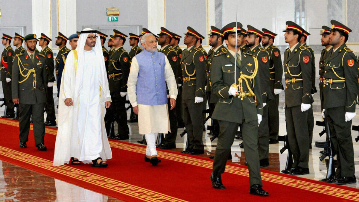 Shaikh Mohammed bin Zayed and Narendra Modi at the guard of honour in Abu Dhabi.