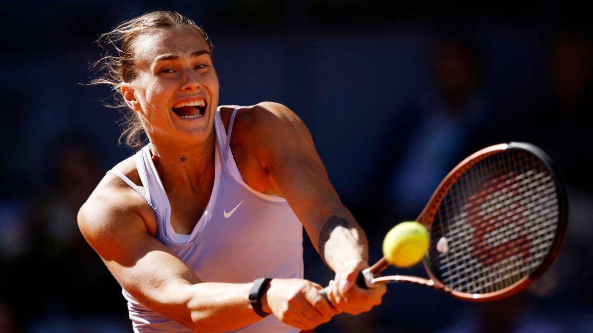 Belarus' Aryna Sabalenka in action during her semifinal against Greece's Maria Sakkari at the Madrid Open on Thursday. — Reuters