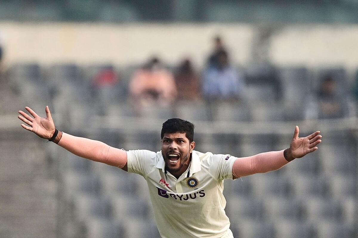 India's Umesh Yadav appeals successfully for a leg before wicket decision of Bangladesh's Nurul Hasan (not pictured) during the first day of the second Test on Thursday. — AFP