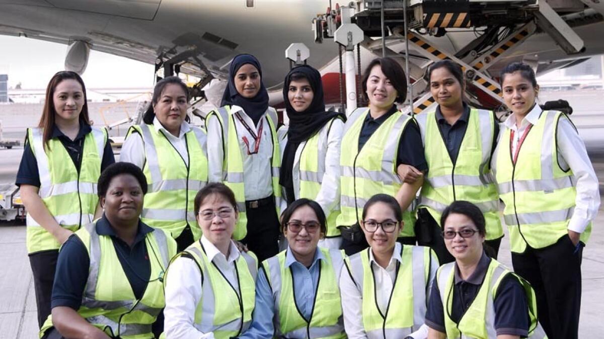 The all women team from Engineering and ramp operations working on EK 225.