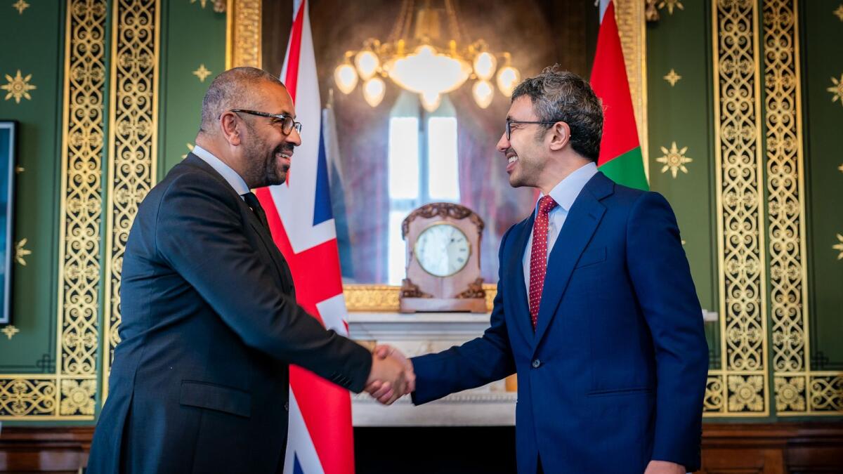 Sheikh Abdullah meets James Cleverly in London. — Wam