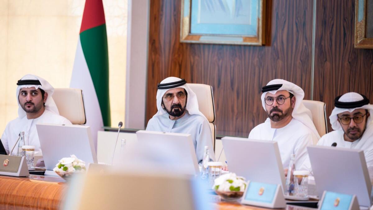 Sheikh Mohammed and other ministers during a Cabinet meeting on Monday. — Courtesy: Twitter