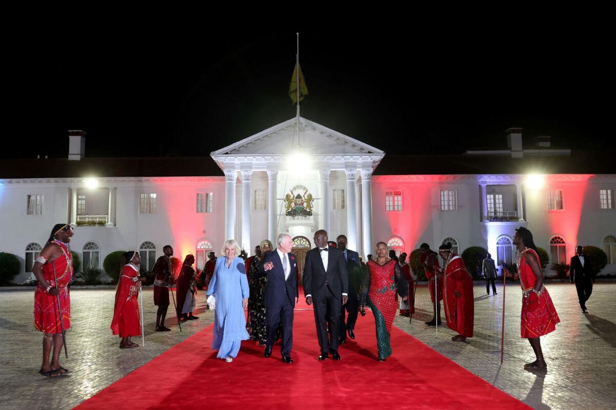 Queen Camilla, King Charles III, William Ruto, President of the Republic of Kenya, and Rachel Ruto, First Lady of the Republic of Kenya before a State Banquet hosted by President Ruto at State House, along with distinguished guests from Kenya and the United Kingdom on Tuesday in Nairobi, Kenya. — Reuters