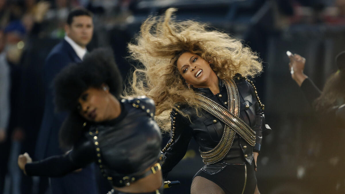 Beyonce performs during halftime of the NFL Super Bowl 50 football game in Santa Clara, Calif. 