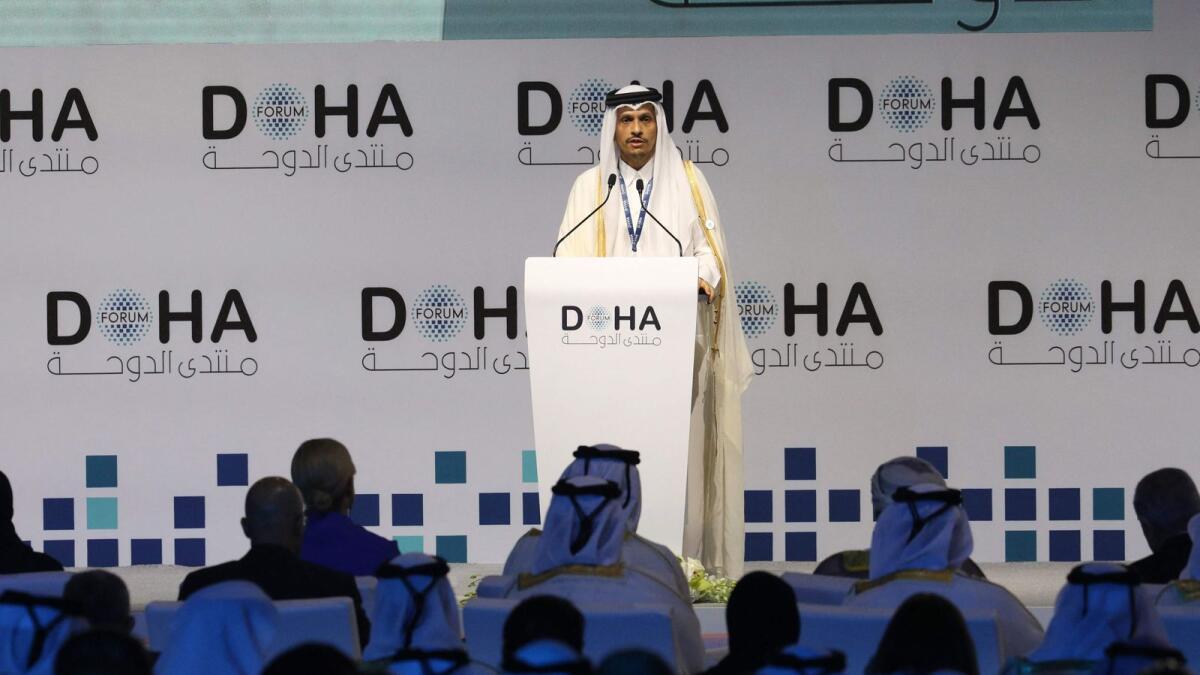 Qatar's Prime Minister Sheikh Mohammed bin Abdulrahman al-Thani addresses the opening session of the Doha Forum in the Qatari capital on December 10, 2023. AFP