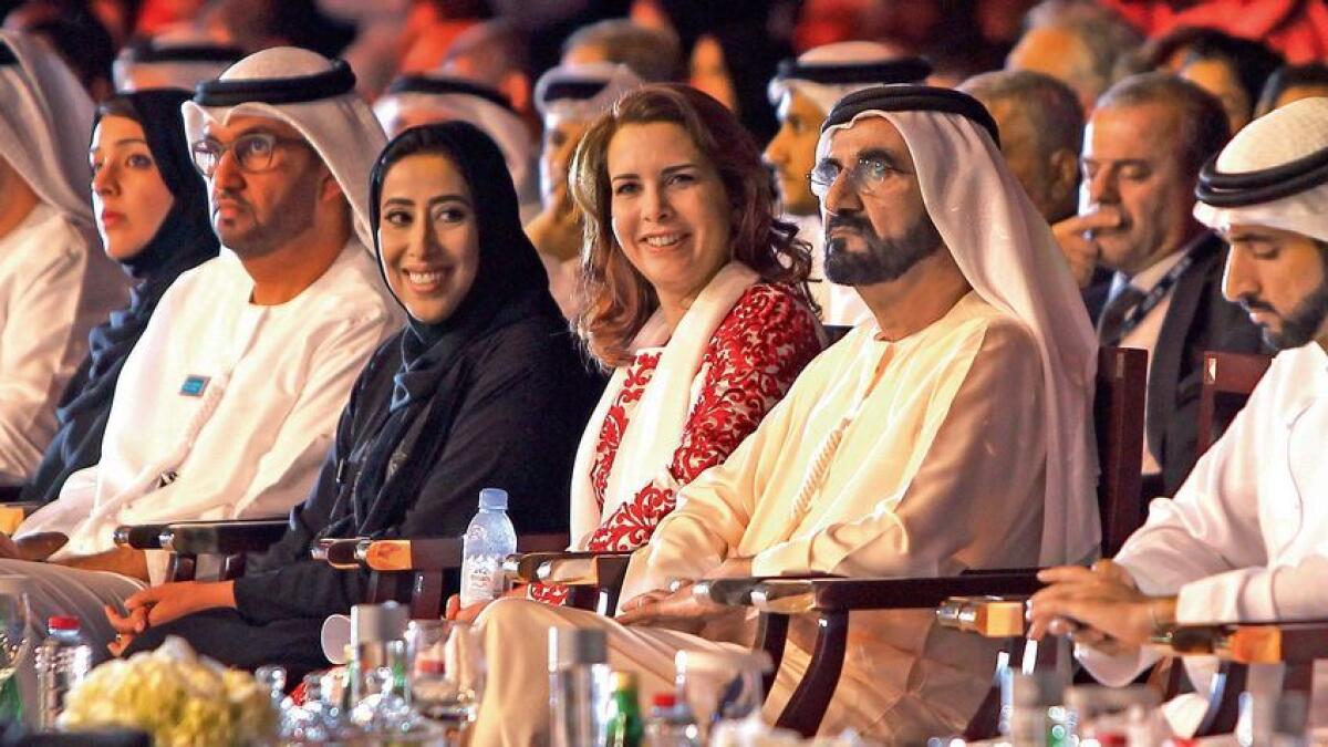Shaikh Mohammed, Princess Haya, Shaikh Hamdan, other Shaikhs and senior officials attend the opening day of the Arab Media Forum at the Dubai World Trade Centre on Tuesday. 