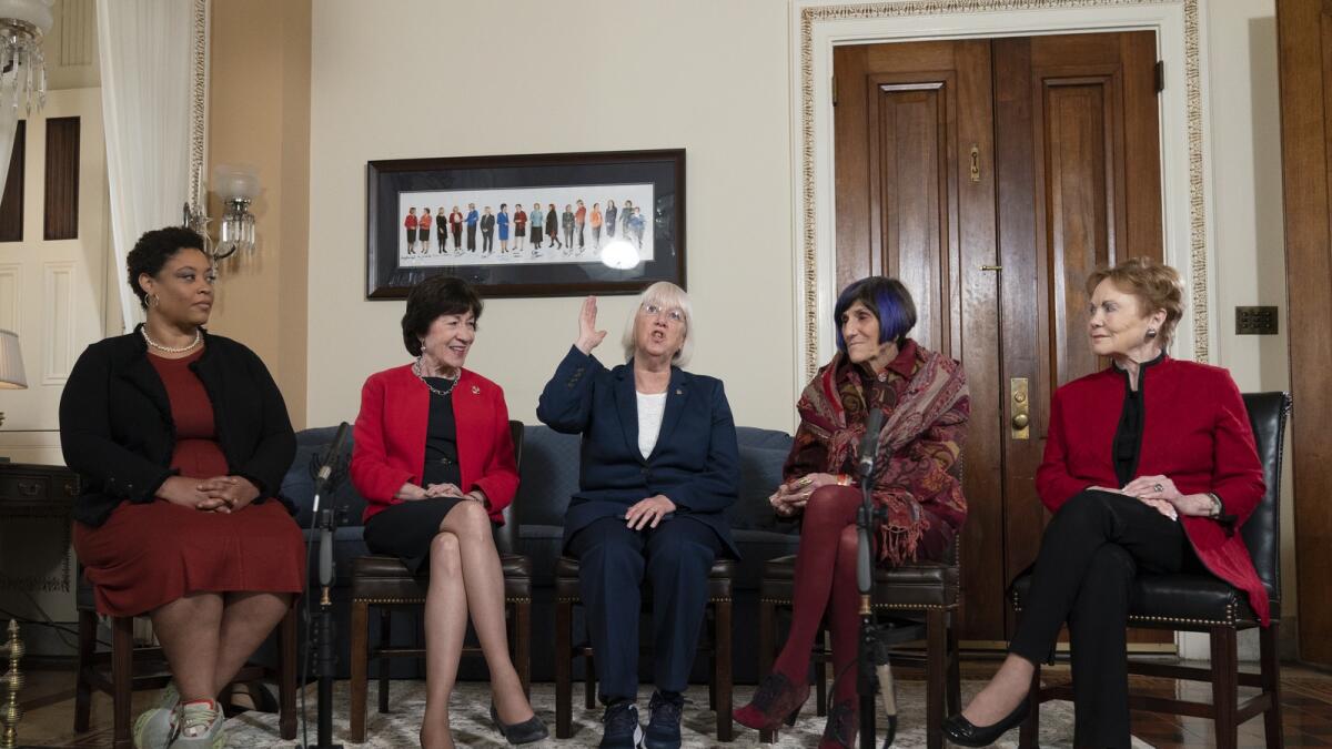 From left, Shalanda Young, the first Black woman to lead the Office of Management and Budget; Senate Appropriations Committee ranking member Sen. Susan Collins, R-Maine; Senate Appropriations Committee chair Sen. Patty Murray, D-Wash.; House Appropriations Committee ranking member Rep. Rosa DeLauro, D-Conn.; and House Appropriations chair Rep. Kay Granger, R-Texas, speak during an interview in Washington on Thursday. — AP