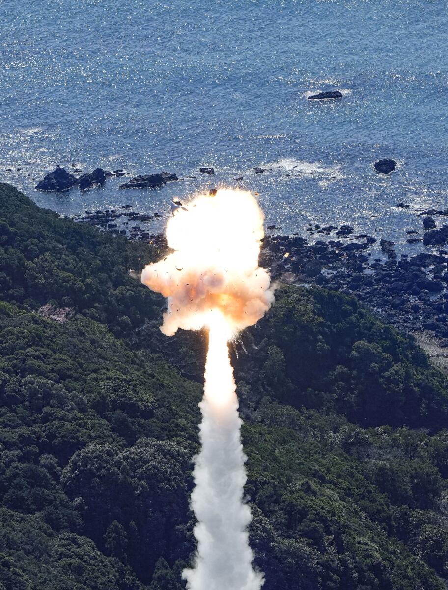 The small, solid-fueled Kairos rocket exploded shortly after its inaugural launch at Space One's launching pad on the tip of Kii peninsula in Kushimoto town, Wakayama prefecture, Japan, on March 13, 2024 — Photos: Kyodo via Reuters