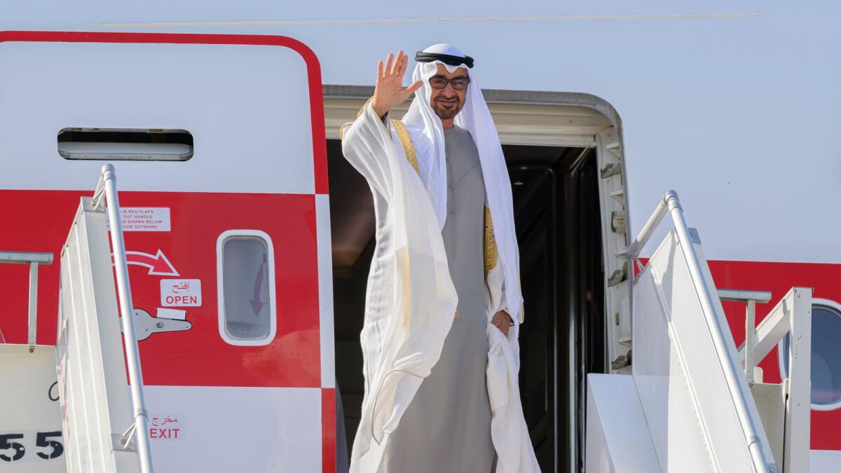 UAE President Sheikh Mohamed bin Zayed Al Nahyan waving as he departs from King Abdulaziz International Airport on July 16, 2022. Photo: AFP