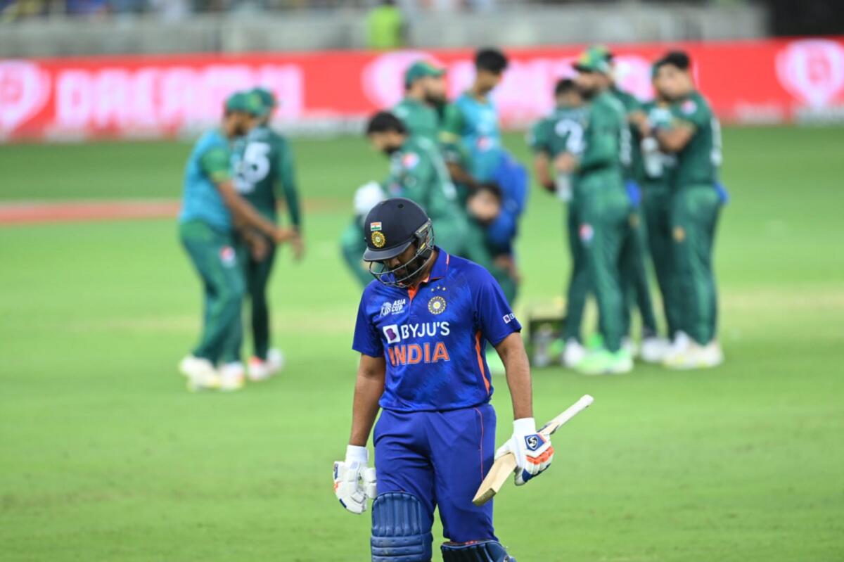Rohit Sharma departs after being dismissed by Mohammad Nawaz