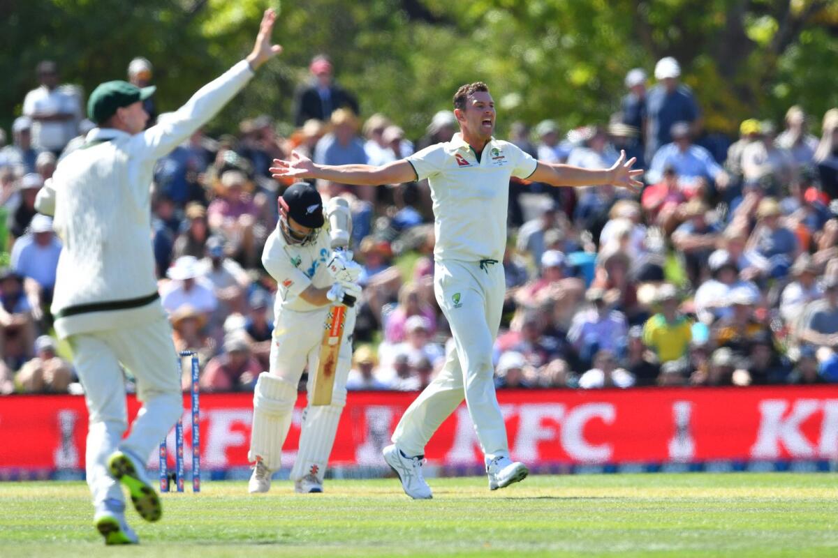 Australia's Josh Hazlewood (R) celebrates a wicket during day one of the second Test cricket match between New Zealand and Australia at Hagley Oval in Christchurch. - AFP
