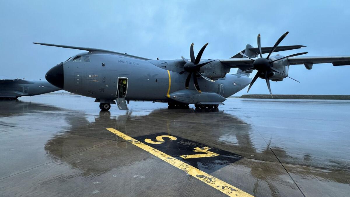 A French Air Force Airbus A400M army plane is seen before take-off to deliver humanitarian aid for Gaza, at Orleans Air Base, France, November 4, 2023. Reuters