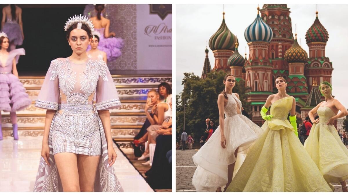 Left: Dress by Dubai designer Michael Cinco.Right: Michael Leyva gowns.