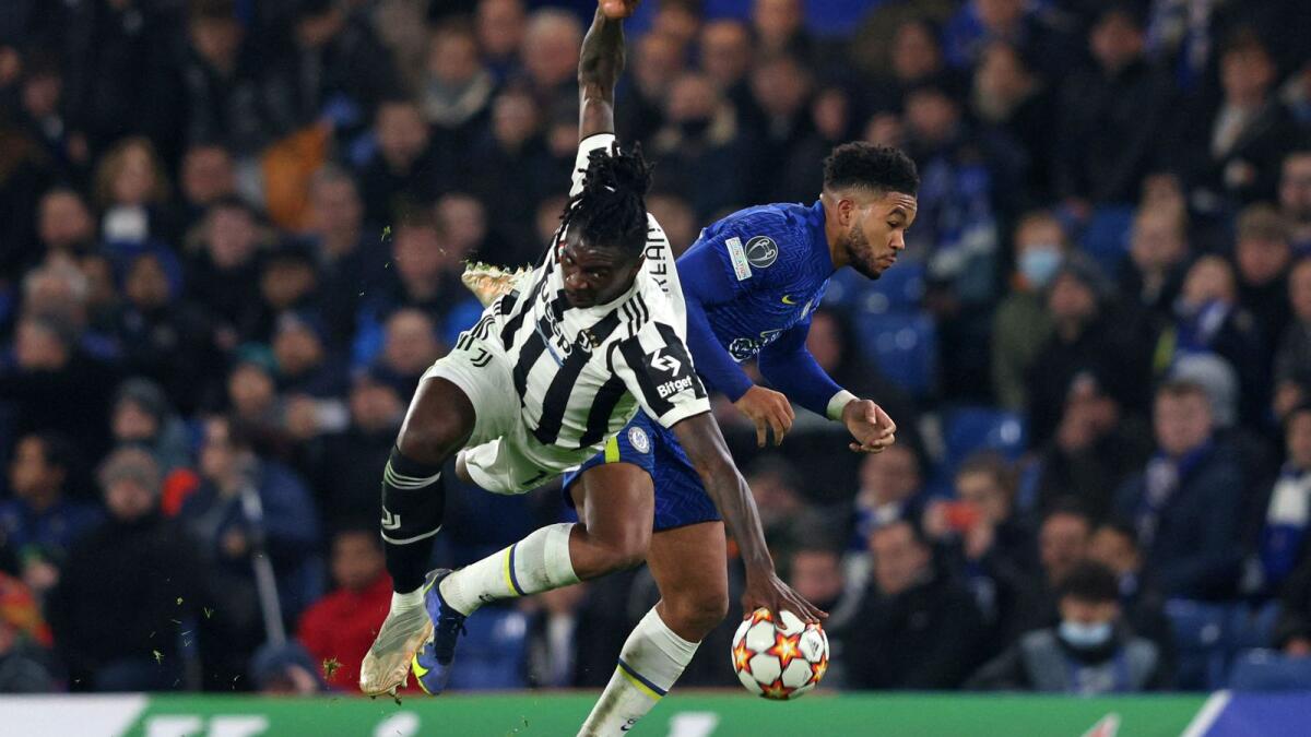 Juventus midfielder Moise Kean (left) and Chelsea defender Reece James vie for the ball during their Champions League encounter on Tuesday. — AFP