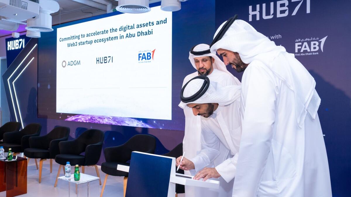 Suhail Bin Tarraf, group COO, First Abu Dhabi Bank; Dhaher bin Dhaher Al Mheiri, CEO of ADGM, and Ahmad Ali Alwan, deputy CEO, Hub71, during the launch of Hub71+ Digital Assets in Abu Dhabi. - Supplied photo
