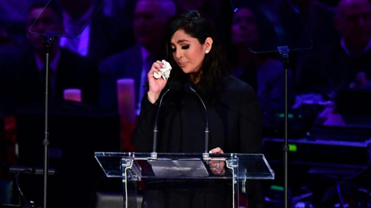 Vanessa Bryant wipes away tears as she speaks during a memorial service for her late husband, NBA legend Kobe Bryant, in February 2020. -- AFP file