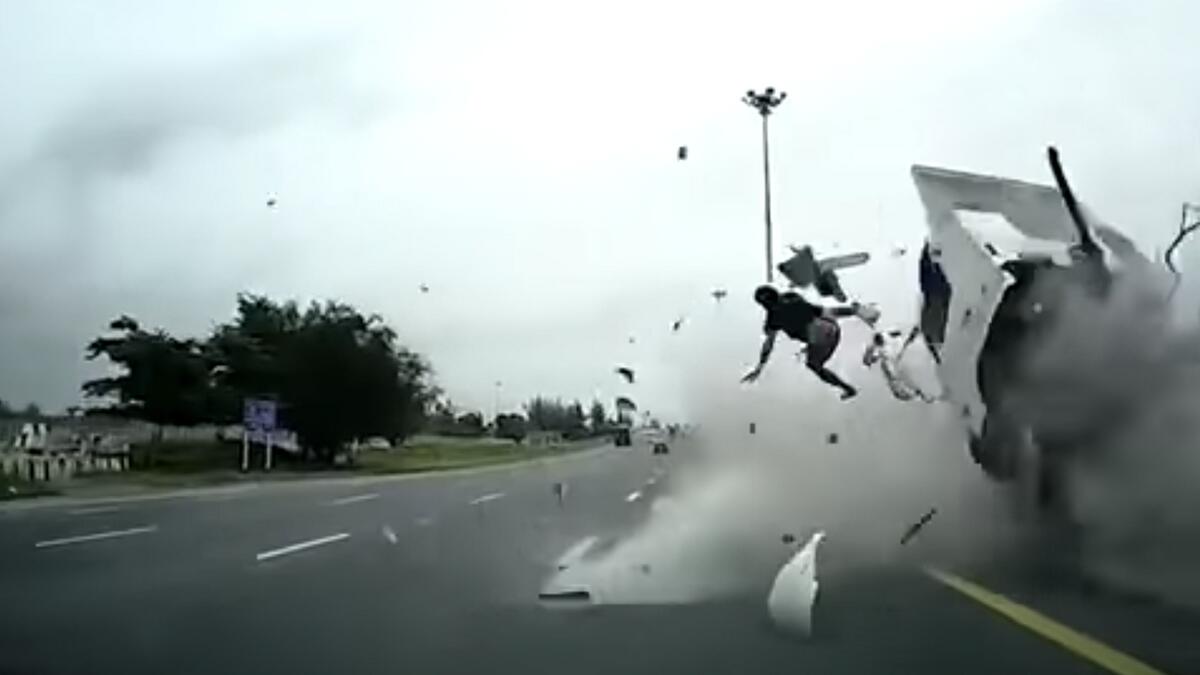 Video: Sleeping driver flies out of truck, bounces over oncoming car in horrifying accident   