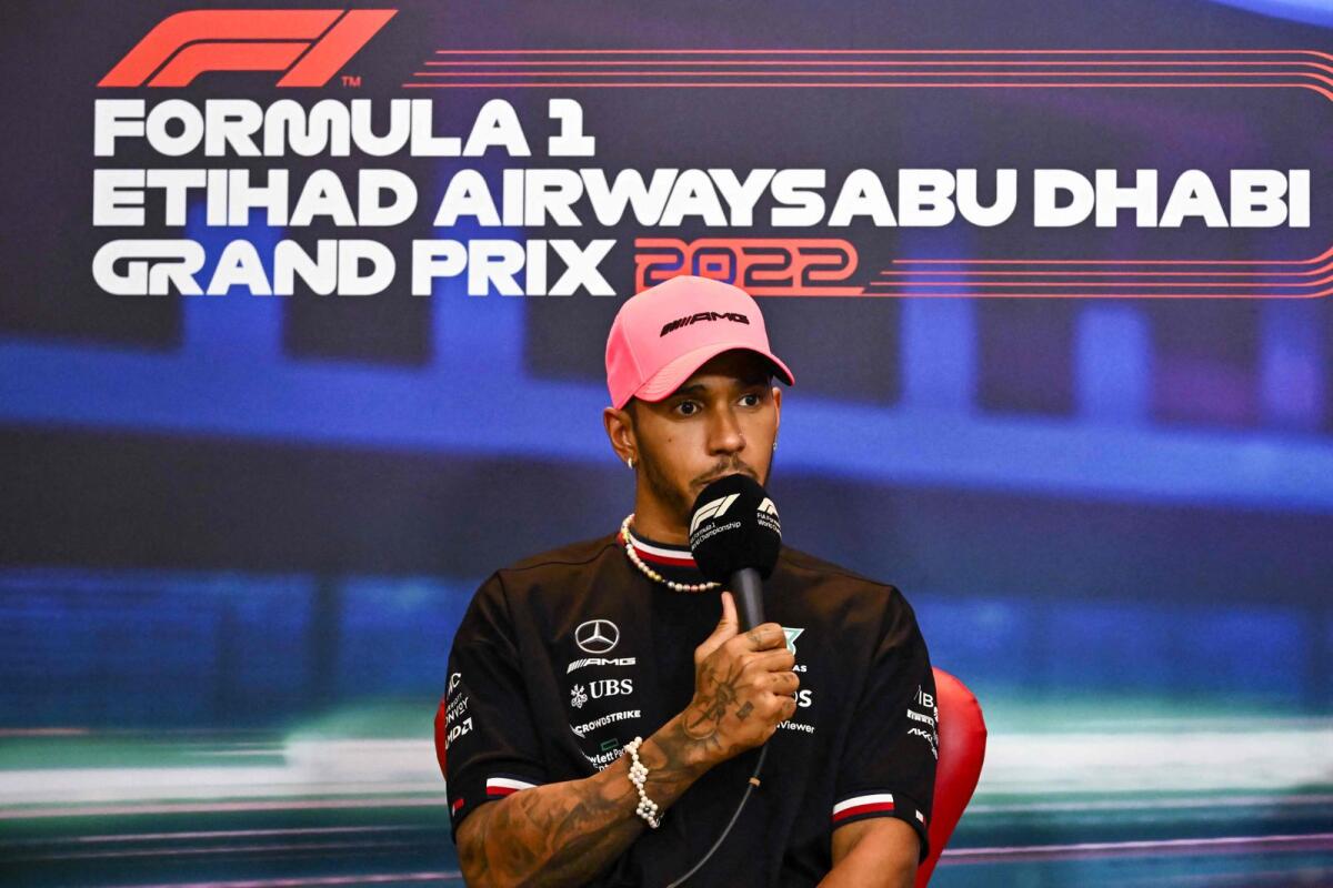 Mercedes' British driver Lewis Hamilton speaks during the press conference at the Yas Marina Circuit in Abu Dhabi on Thursday. (AFP)
