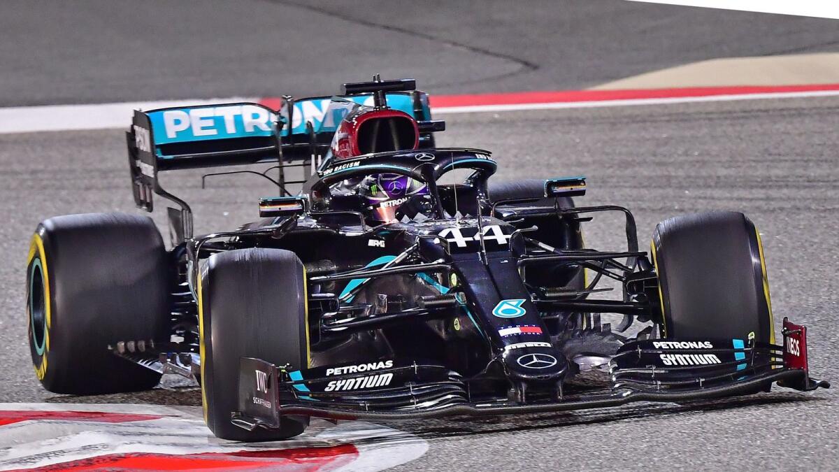 Mercedes' British driver Lewis Hamilton drives during the Bahrain Formula One Grand Prix. (AFP)