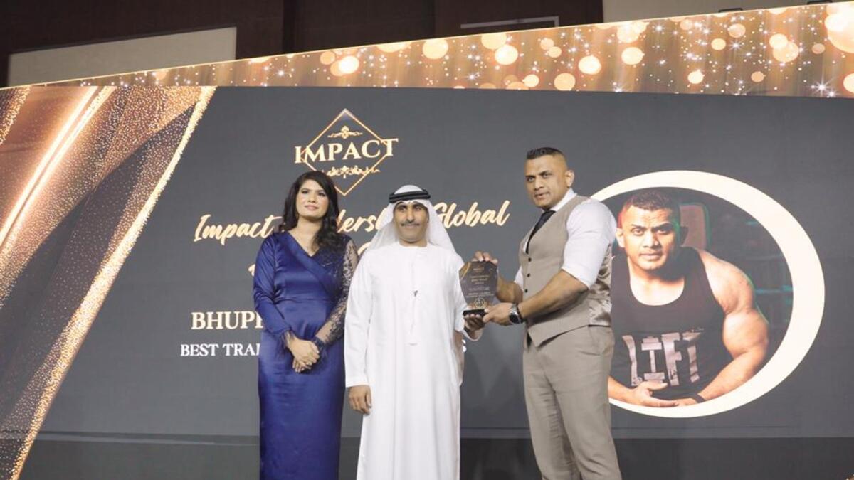 From left: Nousheen Mukhtar, founder of Impact Events and Media, Sheikh Majed bin Sultan bin Saqr Al Qasimi and Bhupesh Kamble, CEO of AB Fitness.