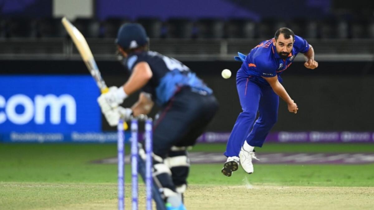 Mohammed Shami bowls during the match against Namibia. (ICC Twitter)